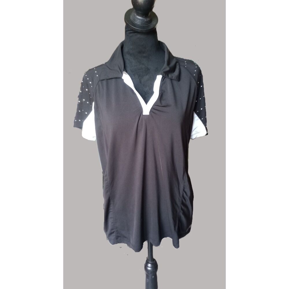 IZOD Women's Cool FX Black/White Short Sleeve Athletic Top With Metal Rivets